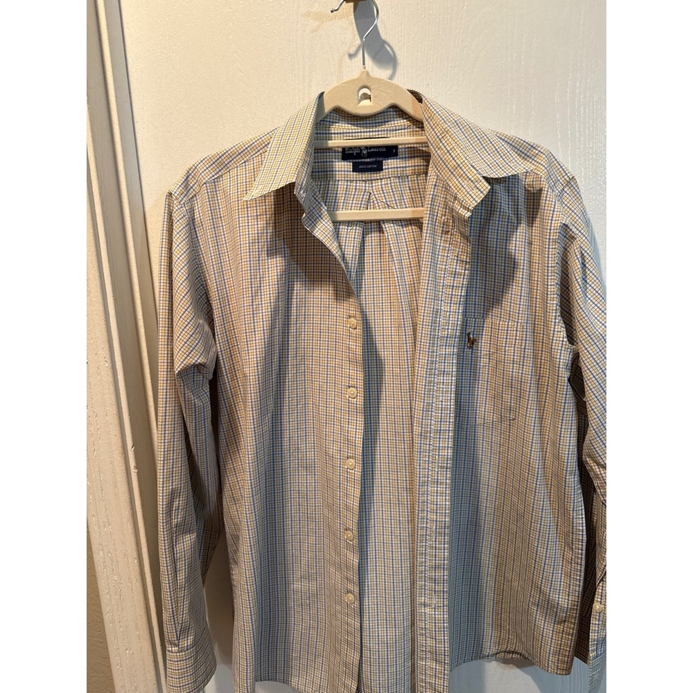 Ralph Lauren Mens Blue Yellow Plaid Tattersall Cotton Button‎ Down Shirt Size M